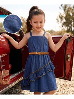 Hola Bonita - Blue Cotton Woven Sleeveless Solid Denim Dress with Belt