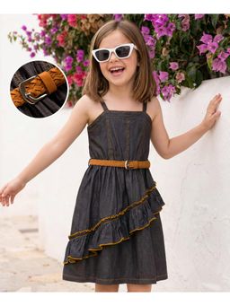 Hola Bonita - Black Cotton Woven Sleeveless Solid Denim Dress with Belt