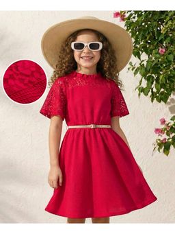 Hola Bonita - Pink Knit Half Sleeves Solid Lace Dress with Belt