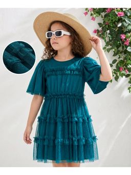 Hola Bonita - Dobby Mesh Fabric Knit Half Sleeves Knee Length Dress