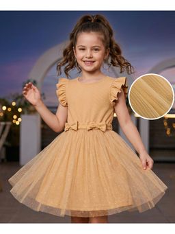 Hola Bonita - Bow Applique Knit Frill Sleeves Solid Dress and Belt