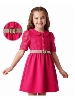 Hola Bonita - Knit Half Sleeves Peter Pan Collar Frock with Lace Detailing Belt