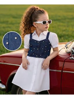 Hola Bonita - Cotton Woven Half Sleeve Pearl Embellished Jacket with Shirt Dress