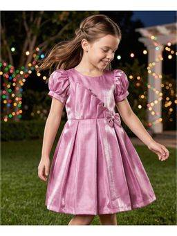 Hola Bonita - Bow Applique Woven Half Sleeves Solid Party Dress