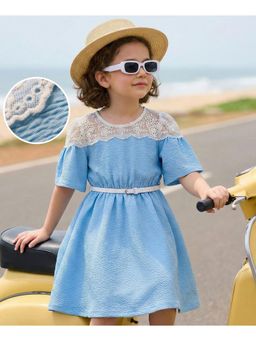 Hola Bonita - Lace Detailing Knit Half Sleeves Textured Dress and Belt