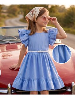 Hola Bonita - Cotton Woven Half Flutter Sleeves Solid Dress with Belt