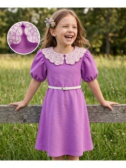 Hola Bonita - Knit Half Puffed Sleeves Textured Dress with Belt