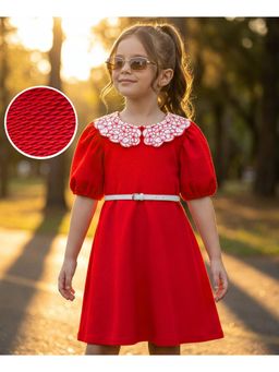 Hola Bonita - Cotton Woven Half Sleeves Knee Length Solid Dress with Belt