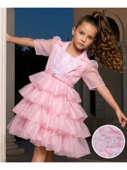 Hola Bonita - Floral Embroidery Woven Half Sleeves Party Dress with Belt