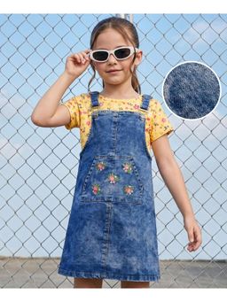 Hola Bonita - Floral Print Embroidery Woven Denim Dress with Inner T-Shirt