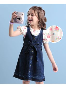 Hola Bonita - Denim Dress with Butterfly Print Half Puffed Sleeves Inner T-Shirt & Belt