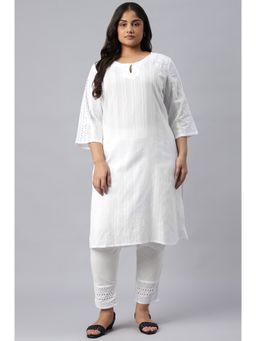 W - Plus Size White Stripes Schiffli Kurta With Pants Set (Set of 2)