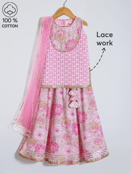 Hopscotch - Pink Lace Accent Cotton Lehenga with Choli & Dupatta