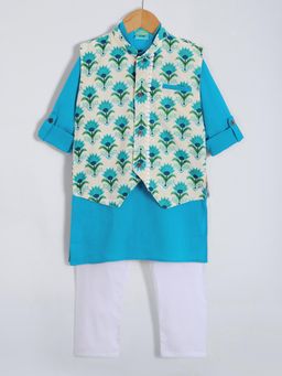 Hopscotch - Blue Floral Botanical Cotton Kurta with Pyjama & Jacket