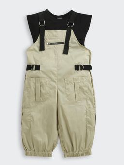 TINY GIRL - Khaki Solid/Plain Cotton Dungaree With T-Shirt