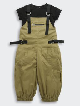 TINY GIRL - Olive Solid/Plain Cotton Dungaree With T-Shirt
