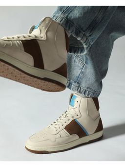 Rare Rabbit - Mens Dist Beige Leather Lace-Up Closure High-Top Sneaker
