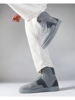 Rare Rabbit - Mens Dist Grey Leather Lace-Up Closure High-Top Sneaker