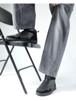 Rare Rabbit - Mens Elysium High Dark Black Leather Lace-Up Closure Hi-Top Sneaker