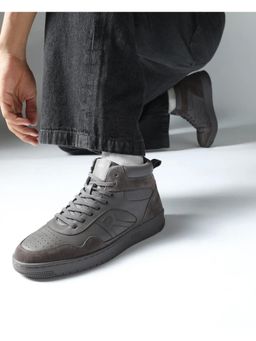 Rare Rabbit - Mens Elysium High Dark Grey Leather Lace-Up Closure Hi-Top Sneaker