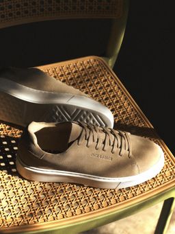 Jack & Jones - Men Beige Leather Lace-Up Sneakers