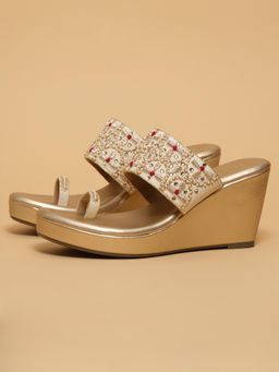 ERIDANI - Wrija Gold Embroidered Wedges Heels