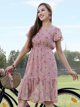 Sera - Coral Printed Fit And Flare Pull On Dress