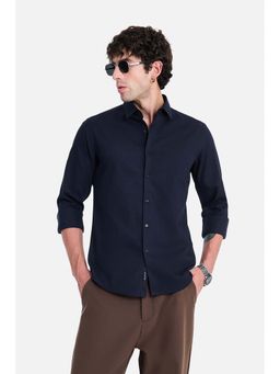 Snitch - Navy Blue Textured Full Sleeves Slim Formal Shirt for Men