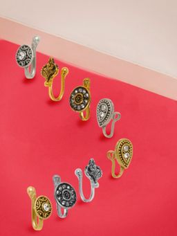 OOMPH - Combo of 8 Antique Gold & Oxidised Stones & Pearls Ethnic Nose Ring