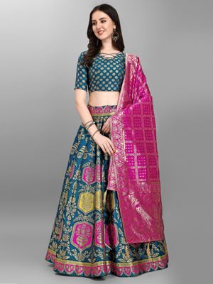 PURVAJA Lehenga Choli Semi-cucita In Jacquard – Set Con Dupatta, Vita Regolabile Fino A 42'' – Abito Tradizionale Indiano