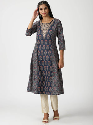 Women's Navy Blue Ethnic Motifs Printed Thread Work A-Line Kurta