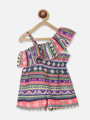 Nautinati Floral Printed One Shoulder Ruffled Georgette A-Line Dress