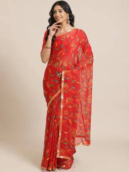 Akhilam - Red Casual Chiffon Printed Saree With Unstitched Blouse