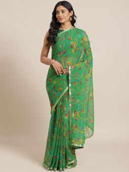 Akhilam - Green Casual Chiffon Printed Saree With Unstitched Blouse