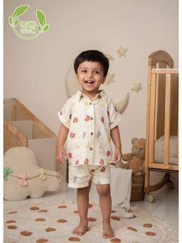 Cot & Candy - White Printed Regular Shirt with Shorts