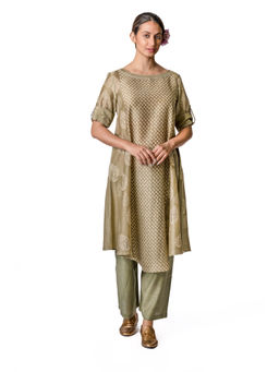 Krishna Mehta - Olive Chanderi Tunic With Floral Block Printed Motifs