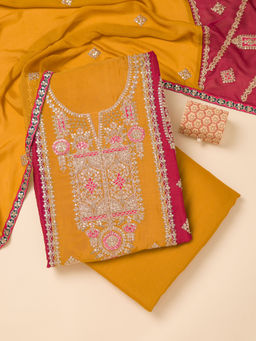 Koskii - Mustard Zari Work Semi Crepe Unstitched Kurta and Bottom with Dupatta (Set of 3)
