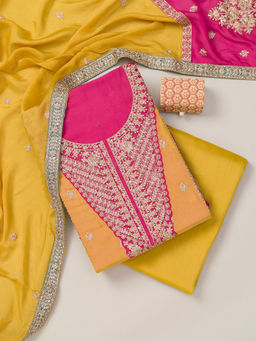 Koskii - Yellow Zari Work Semi Crepe Unstitched Kurta and Bottom with Dupatta (Set of 3)