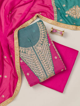Koskii - Pink Zari Work Semi Crepe Unstitched Kurta and Bottom with Dupatta (Set of 3)