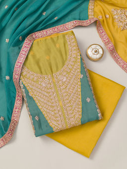 Koskii - Rama Green Zari Work Semi Crepe Unstitched Kurta and Bottom with Dupatta (Set of 3)