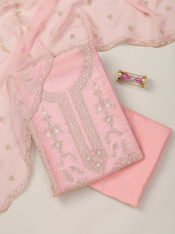Koskii - Baby Pink Zari Work Tissue Unstitched Kurta and Bottom with Dupatta (Set of 3)