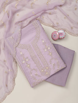 Koskii - Lavender Zari Work Tissue Unstitched Kurta and Bottom with Dupatta (Set of 3)