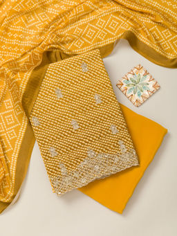 Koskii - Yellow Zari Work Semi Crepe Unstitched Kurta and Bottom with Dupatta (Set of 3)