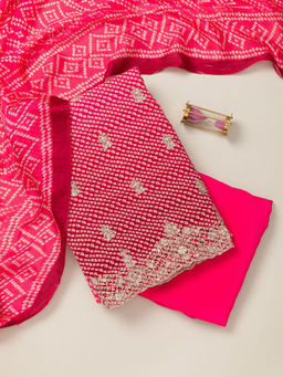 Koskii - Rani Pink Zari Work Semi Crepe Unstitched Kurta and Bottom with Dupatta (Set of 3)