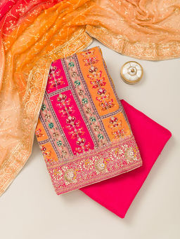 Koskii - Red Cutdana Chiffon Unstitched Kurta and Bottom with Dupatta (Set of 3)