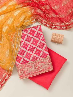 Koskii - Red Cutdana Semi Crepe Unstitched Kurta and Bottom with Dupatta (Set of 3)