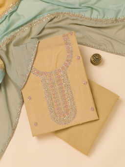 Koskii - Yellow Zari Work Semi Crepe Unstitched Kurta and Bottom with Dupatta (Set of 3)