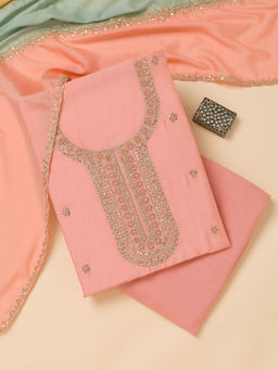 Koskii - Peach Zari Work Semi Crepe Unstitched Kurta and Bottom with Dupatta (Set of 3)