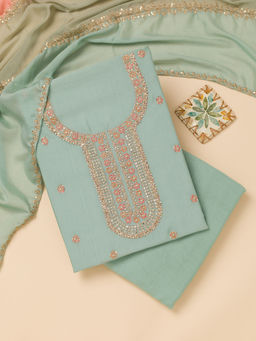 Koskii - Sky Blue Zari Work Semi Crepe Unstitched Kurta and Bottom with Dupatta (Set of 3)