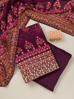 Koskii - Wine Cutdana Crepe Unstitched Kurta and Bottom with Dupatta (Set of 3)